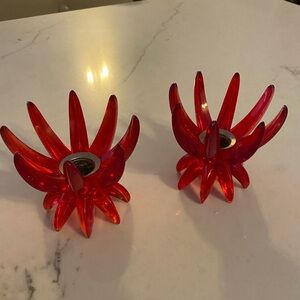 MCM 2 Friedel Gesch Germany Red Lucite Atomic Lotus Sputnik Candle Holders 60s